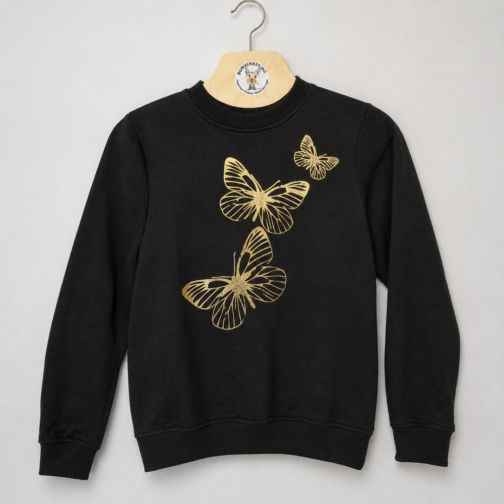Sassafras Women Small Black Gold Butterfly Graphic Pullover Sweatshirt Cotton